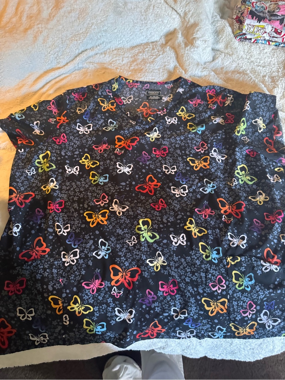 Cherokee Black Short Sleeve scrub top with Multicolor Butterfly Print